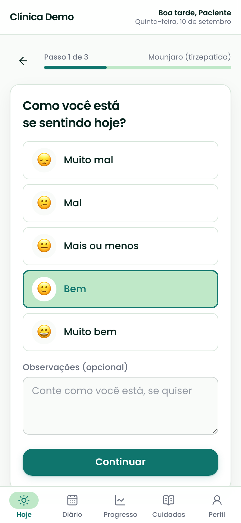 Tela do dia com a confirmação de check-in concluído e o resumo do que foi registrado.