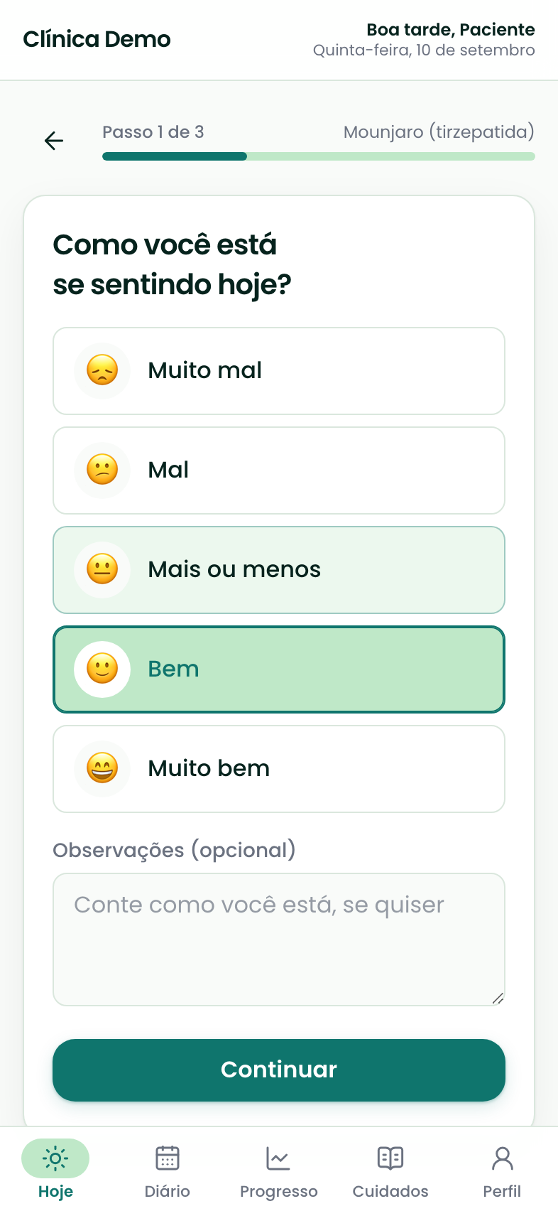 Tela do check-in do dia no celular: pergunta como o paciente está se sentindo, com cinco opções de bem-estar.