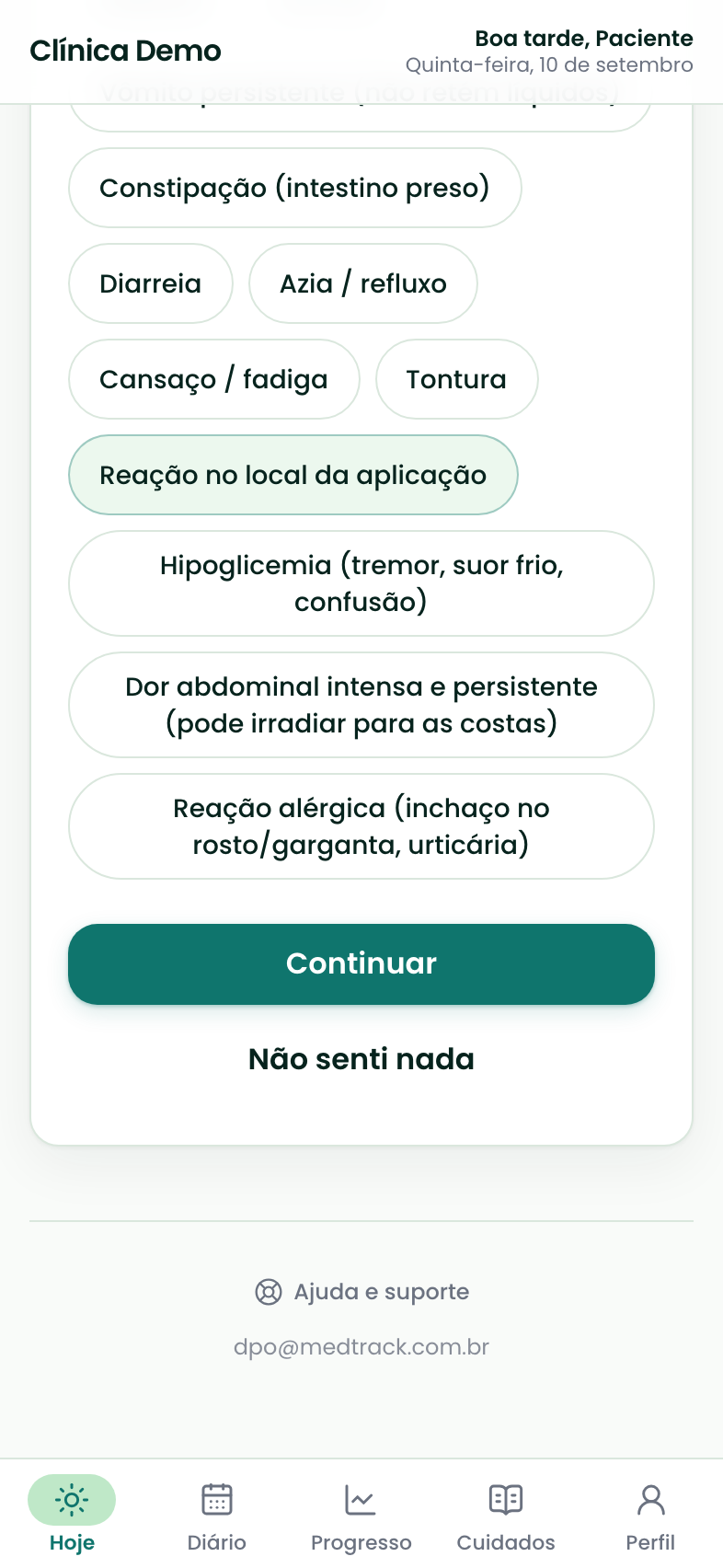 Tela de sintomas do check-in: lista de sintomas do protocolo de tirzepatida com um item marcado.